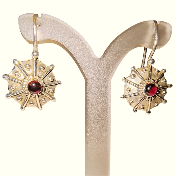 Garnet & Sterling Silver Embellished Disk Earrings - Picture 1 of 9